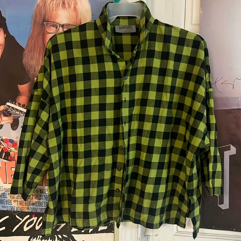 Eleven-Stitch /slime green /medium /big check 3/4 sleeve flannel- made in USA